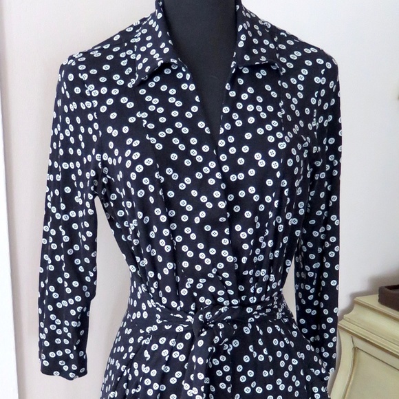 Hobbs Navy Button Print Jersey Dress, Tie Waist - Picture 2 of 13